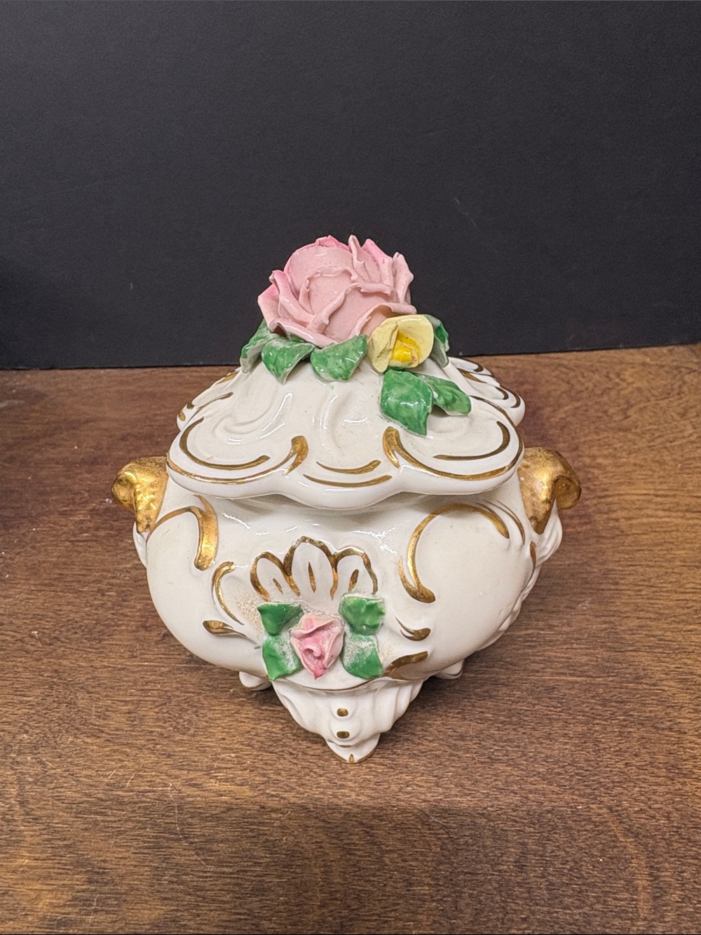 Dresden Germany Porcelain Floral Trinket Box in White with Pink & Green Accents